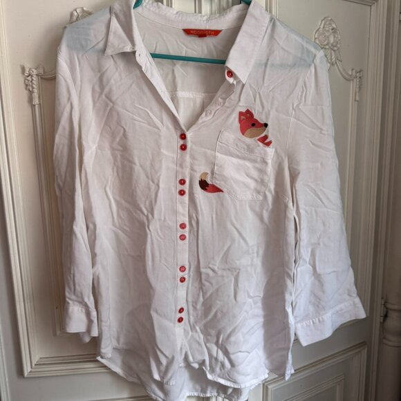 Modcloth white top w/ embroidered fox at the pocket, women's size large - Picture 1 of 8